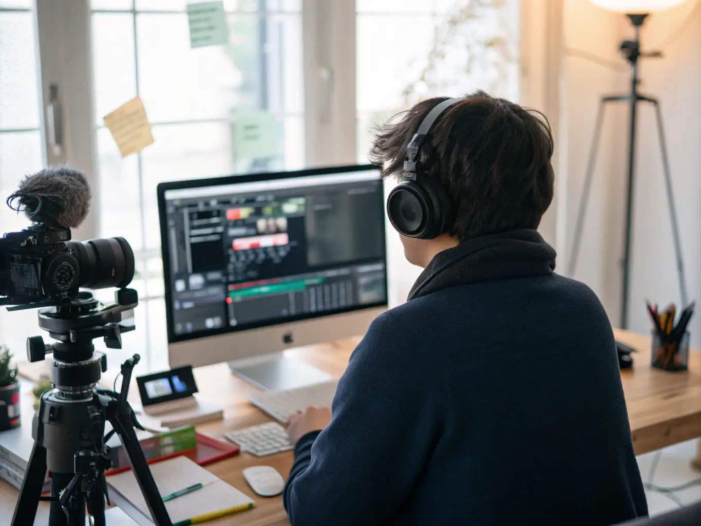 A vibrant image of a person wearing noise-canceling headphones while working at a desk with a laptop, representing the 'Electronics' category.