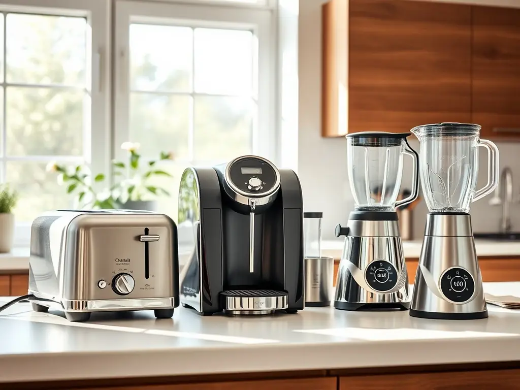 A high-quality image of various kitchen appliances neatly arranged on a countertop, showcasing blenders, toasters, and coffee makers, representing the 'Kitchen Appliances' category.